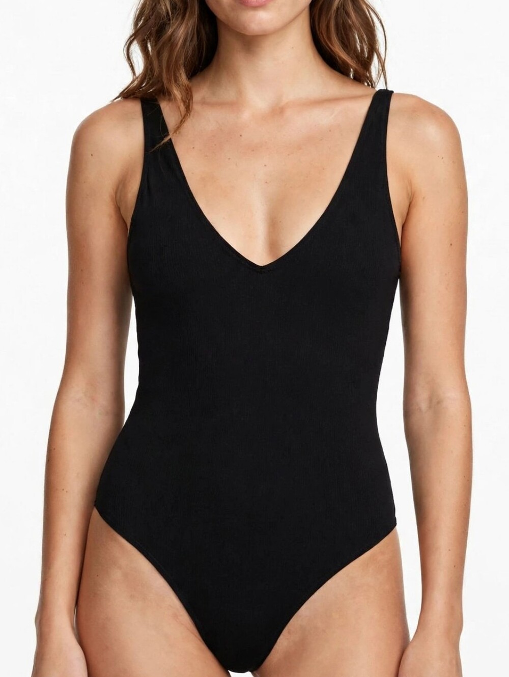 LEITH Womens V-Neck Sleeveless Thong Bodysuit Top Black Size L Modern Layering